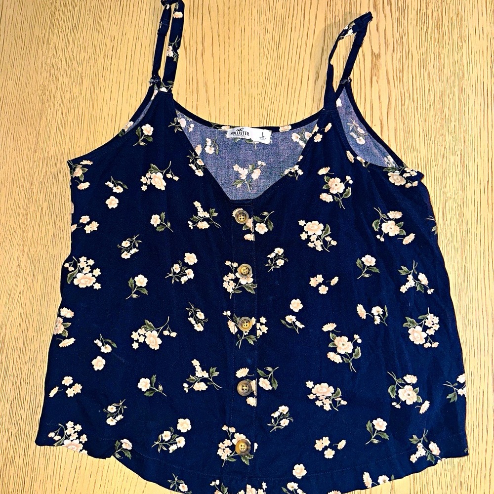 Hollister Blue Floral V-Neck Button Front Spaghetti Strap Cami Tank Top L